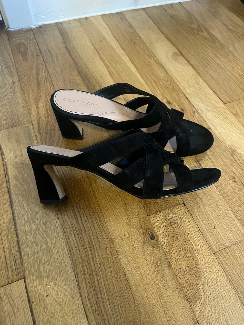 Cole Haan Black Suede Crisscross Block Heel Mules